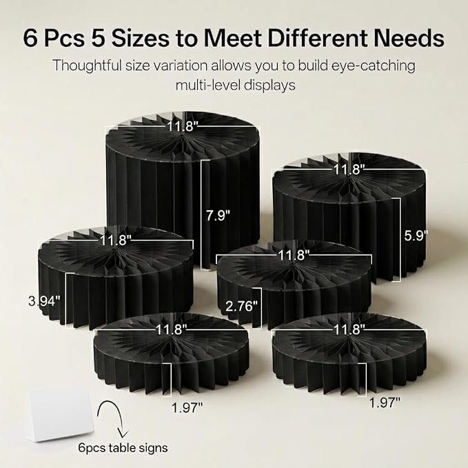 6 Pcs Buffet Risers Food Display Risers with Mini Sign, Buffet Table Risers Display Stands Cake Stand Cylinder Stands for Party Dessert Jewelry Collectibles (Black)
