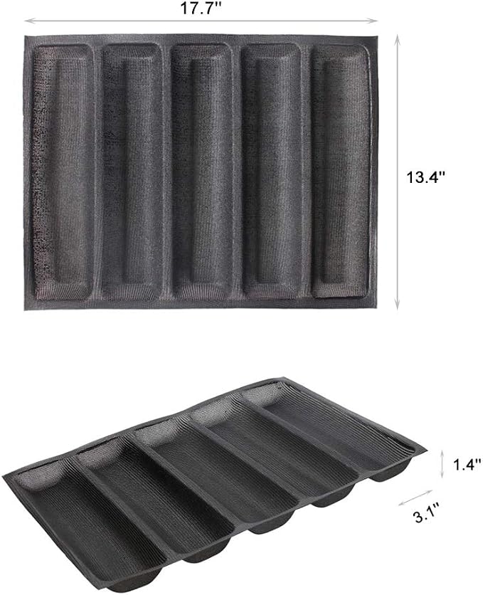FETESUR Silicone Perforated Baking Forms Sandwich Mold French Baguette Bread Pan Food Mat 5 Loaf Non-Stick Baking Liners