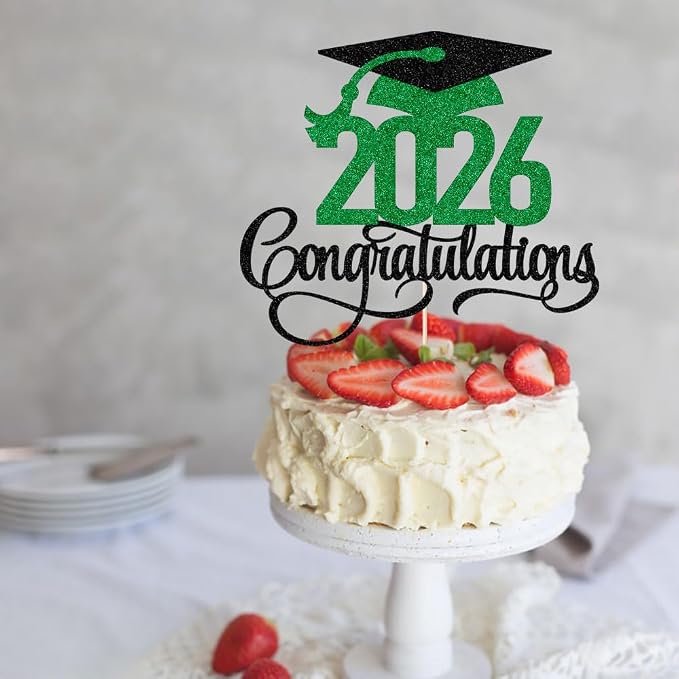 Black green gold Glitter 2026 Congratulations Graduation Cake Topper,Congrats Grad Cake Decor - 2026 High School/College/Senior Graduation Party Decorations Supplies