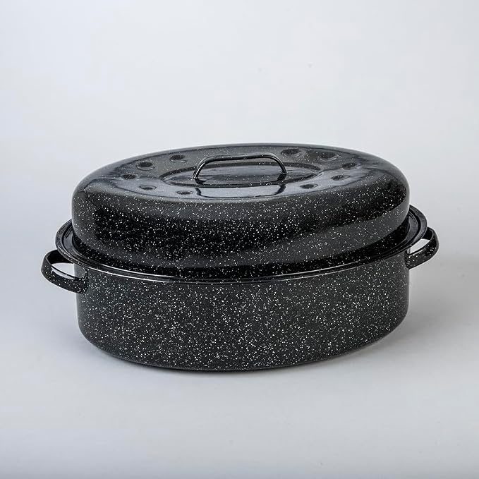 Granite Ware 19-Inch Covered Oval Roaster, 20 Lb Capacity - Enamel Steel Cookware, Dishwasher Safe & PFOA-Free, Even Heat Distribution for Roasting Poultry, Meat, or Vegetables (Speckled Black)