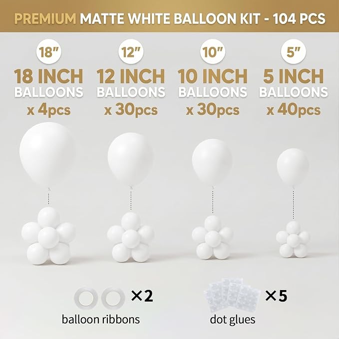 104pcs White Balloons Different Sizes 18 12 10 5 Inch, White Latex Party Balloon Garland Arch Kit for Wedding, Baby Shower, Graduation 2026 Decorations