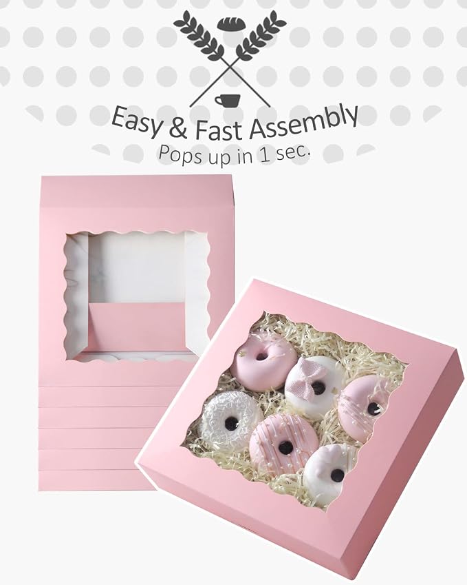 qiqee Auto-pop Up 30pcs Pie Box With Window 9x9x2.5 Inch Donut Pastry Boxes Pink Bakery Box
