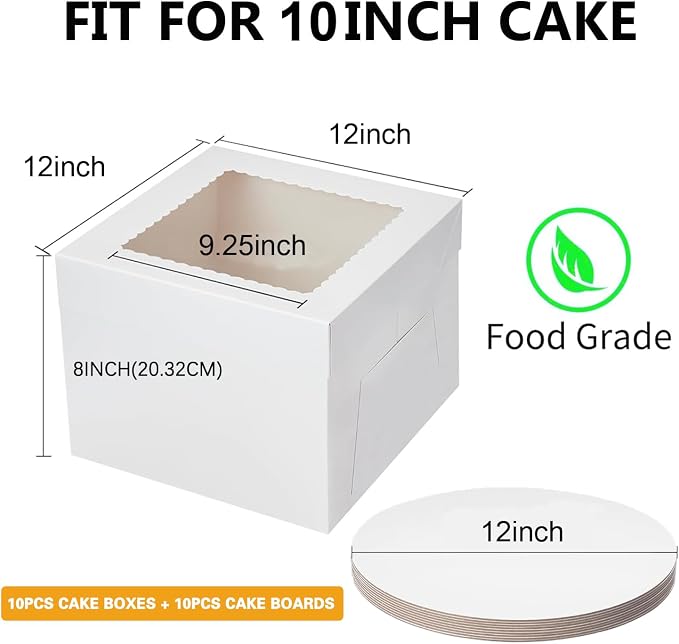 20Pack 12 Inch Cake Boxes With Cake Boards (10 boxes & 10 boards), 12X12X8 Inch White Bakery Boxes With Windown For Cajas Pasteles, Cookie, Pastries,Pie, Wedding, Birthday, Fathers day