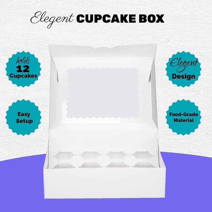 Pre-folded 12 count Cupcake Boxes, 15-Set Cupcake Container with Window Transport Holders Holding 180 pastry Box for Birthday, Holiday, Party Bakery Supplies 12.8" x 9.8" x 3.54" (White-15 Pack)