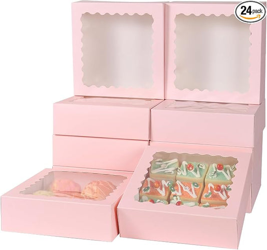 24 pcs Pink Pie Boxes,12x12x3 Inch Auto-Popup Bakery Boxes with Window Donuts Chocolate Muffins Donuts Pastry Dessert Cookie Box For Packaging