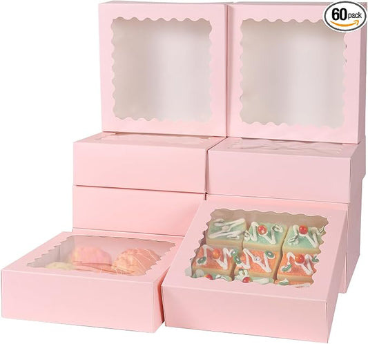 60 pcs Pink Cookie Box,6x6x2.5 Inch Bakery Boxes with Window Pies Chocolate Strawberries Muffins Biscuit Pastry Dessert Box For Packaging