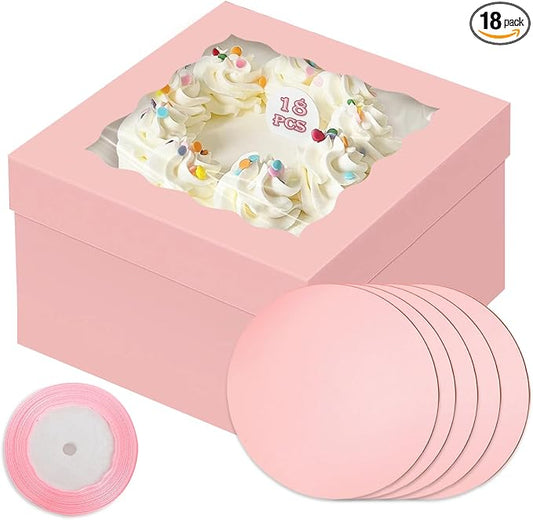 qiqee Pink 10x10x8 Cake Box, 18 Sets Cake Box with Window ＆ 18 Sets 10" Cake Round Boards, 10inch Cake Containers, 10 Meters Pink Silk Ribbon Includes