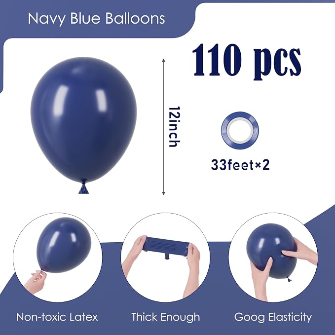 Voircoloria 110pcs Navy Blue Balloons 12inch Dark Blue Latex Party Balloons for Graduation, Wedding, Birthday, Baby Shower, Gender Reveal, Anniversary Party Decorations