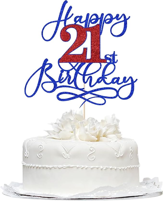 Happy 21st Birthday Cake Topper,Deep blue font red Numbers 21st Birthday Cake Decoration,Hello Twenty-one years old, Cheers to 21 Years/21st Anniversary, Fabulous Party Decoration