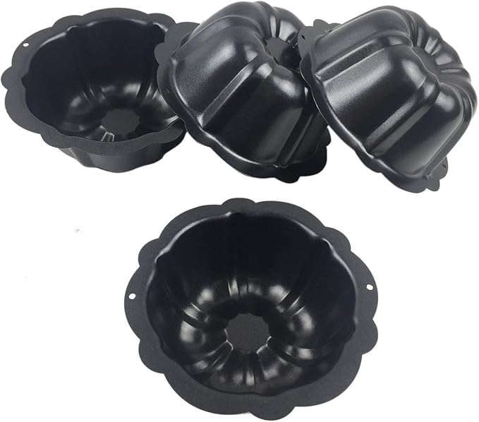 Fluted Tube Cake Pan, Nonstick Mini Kugelhopf Mold, 4 Inch Black | Pack of 4 Small Baking Pans Pumpkin Shape, Reusable Carbon Steel Fluted Tin for Flan, Muffin, Brownie, Pudding, Bread