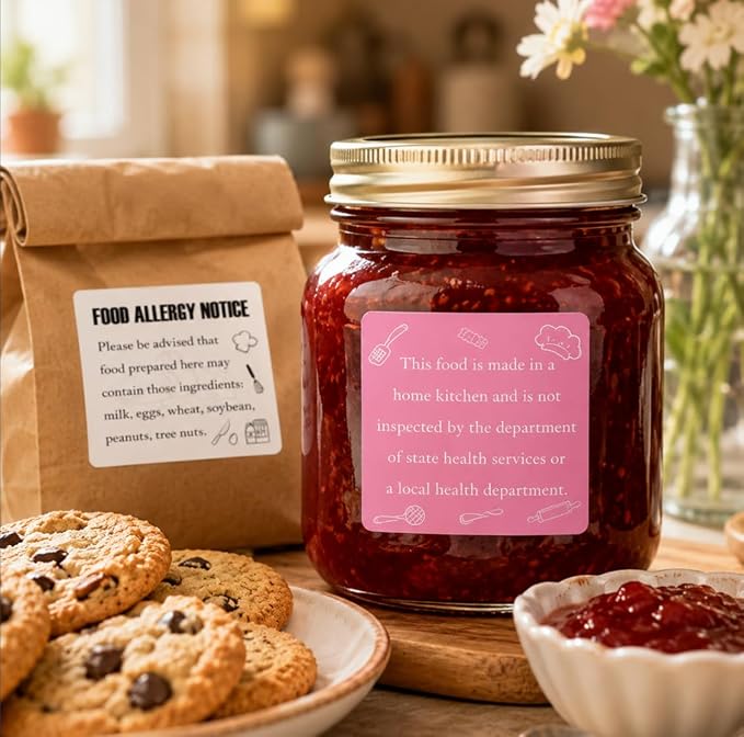600 Pcs 2 Inch Cottage Food Law Labels Stickers Allergen Warning Stickers - Pink Baked with Love Made in a Home Kitchen Inspection Statement Decals for Homemade Bakery Baked Food Canning Packaging