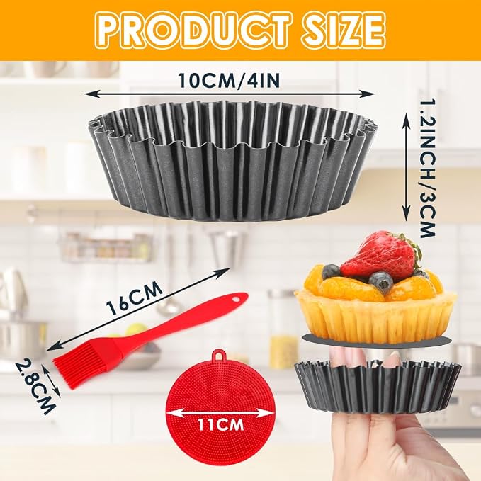 4 Pack 4 Inch Mini Tart Pans with Removable Bottom, 1.2 Inch Deep Nonstick Mini Pie Pans Quiche Pan Round, Tart Pans Bakeware Mold Fluted Side for Pies with Oil Brush&Silicone Scrubber