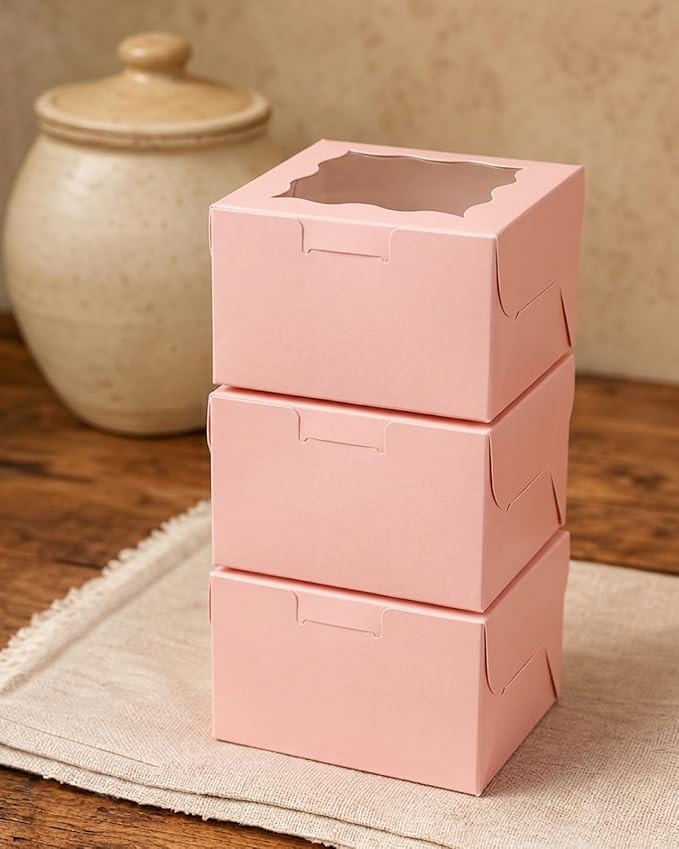 Bakepacker 400pcs Pink Bakery Boxes with Window 4"x 4"x 2.5" Thick & Cookie Boxes & Sturdy Macaroon Pastry