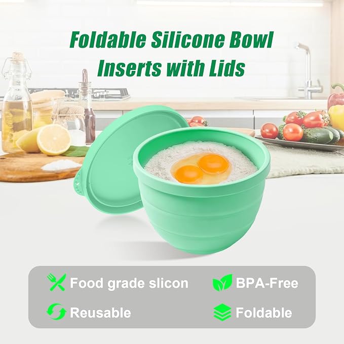 Foldable Silicone Liners for 5 Qt KitchenAid Tilt-Head Stand Mixer(Only), Odourless,Thicker, Cold/Heat-Resistant & Non-Stick, Easy Clean, with Splash-proof Bowl Lid, Green