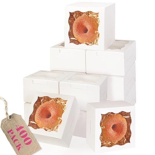 qiqee 400Pcs White Bakery Box with Window 4"x4"x2.5" Macaron Boxes Small Donut Pastry Boxes for Party Mini Cookie Boxes