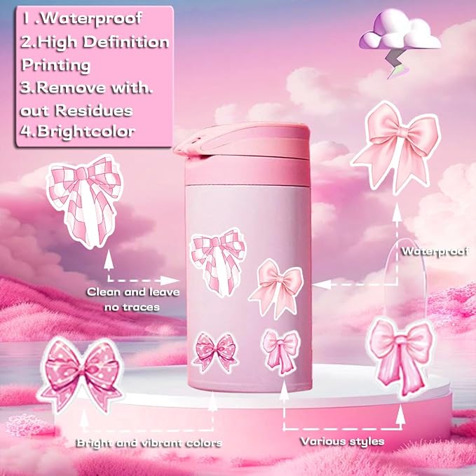 100 Pcs Coquette Bows Stickers Cute Aesthetic Pink Bow Sticker for Adults Women Pink Bows Vinyl Waterproof Stickes for Water Bottles Laptops Phone Luggage Guitar