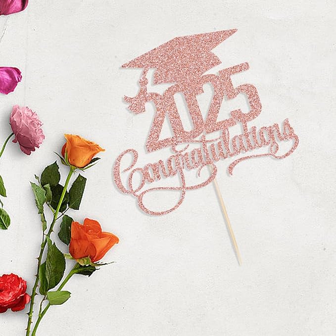 Glitter 2025 Congratulations Graduation Cake Topper,Congrats Grad Cake Decor - 2025 High School/College/Senior Graduation Party Decorations Supplies (2025Congratulations Rose gold)