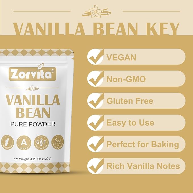 Zorvita Madagascar Vanilla Bean Powder 4.23 Oz Pure Ground Grade A Vanilla Bean Gluten-Free No Additives or Sugar Great for Baking Coffee Smoothies Desserts 120g
