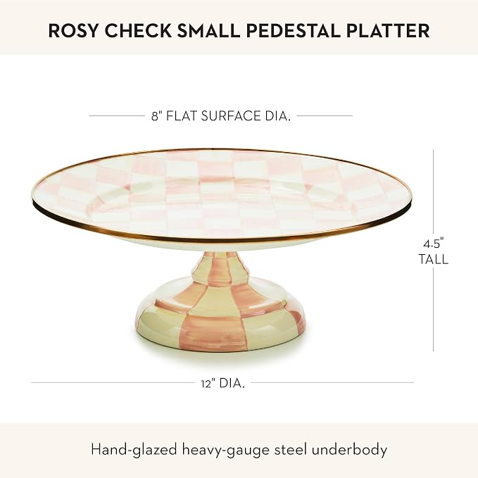 MACKENZIE-CHILDS Enamel Pedestal Platter, Round Cake Stand, Small, Pink-and-White Rosy Check