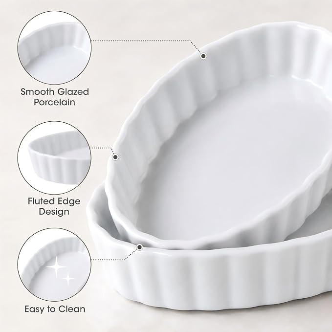 4-Piece Porcelain Baking Dish Set - 4 OZ 5.2 Inch Small Ramekins Pie Pans, Oven Safe Ramekins for Quiche, Tart, Dessert, Creme Brulee, Au Gratin | Stackable, Dishwasher Safe