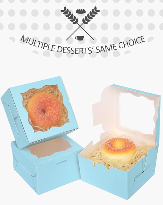 qiqee Light Blue Bakery Boxes with Window 55pcs 4x4x2.5 Mini Cookie Boxes Macaron Boxes Small Donut Pastry Boxes for Party