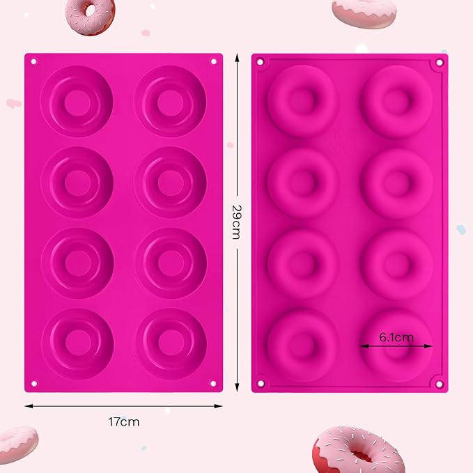 2er Pack Silicone Donut Mold - Non-Stick Silicone Doughnut Pan DIY Chocolate Baking Cookie Molds, Heat Resistant, Make Donut Cake Biscuit Bagels, BPA Free Dishwasher Safe (rose red, 8 Cavities)