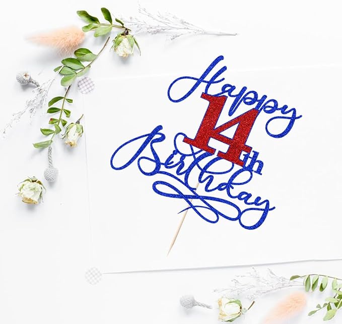 Happy 14th Birthday Cake Topper,Deep blue font red Numbers 14th Birthday Cake Decoration,Hello 14, Cheers to 14 Years/14th Anniversary,14& Fabulous Party Decoration