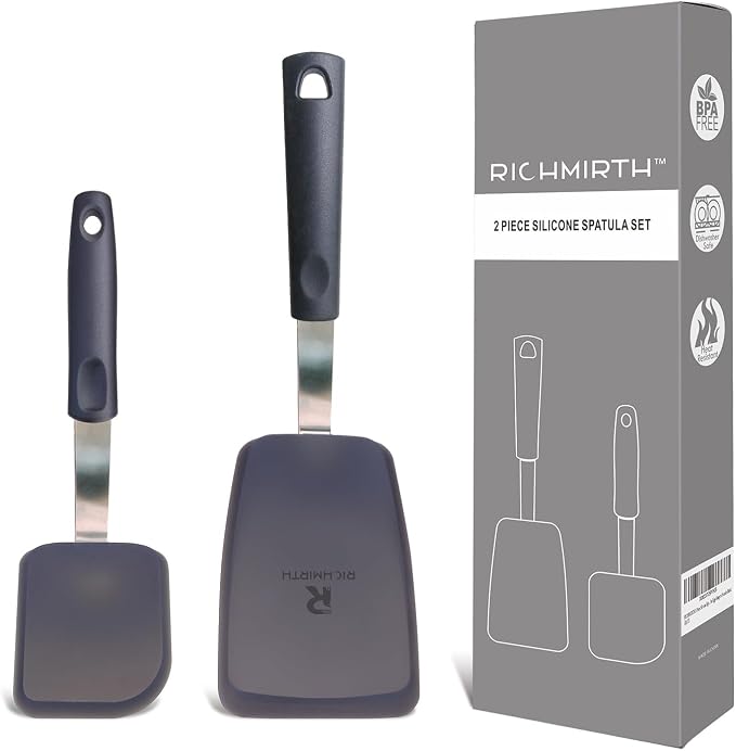 Silicone Spatula Set of 2 – 600°F Heat Resistant, Non-Scratch & BPA-Free Flexible Turners with Hanging Hole for Easy Storage, Ideal Cooking Spatulas for Eggs, Pancakes & Burgers, Black