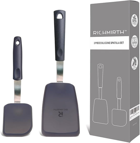 Silicone Spatula Set of 2 – 600°F Heat Resistant, Non-Scratch & BPA-Free Flexible Turners with Hanging Hole for Easy Storage, Ideal Cooking Spatulas for Eggs, Pancakes & Burgers, Black