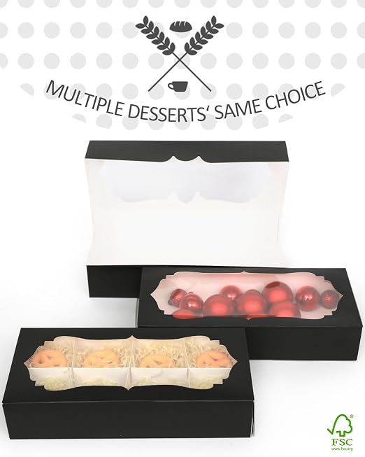 qiqee Black Cookie Box with Window 12x5.5x2.5 inch 24Pcs Two Uses Donut Bakery Box for Packaging(24pcs Bakery Boxes+12 Sets Cookie Dividers+25pcs Sliver Stickers)