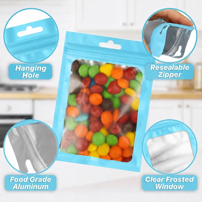 ANZNKU 100 Pack Lake Blue Resealable Mylar Bags with Frosted Clear Window 4.72x7.87", Smell Proof Sealable Packaging Bags for Small Business, Foil Pouch Zip Goodie Bag for Candy Treat Jewelry