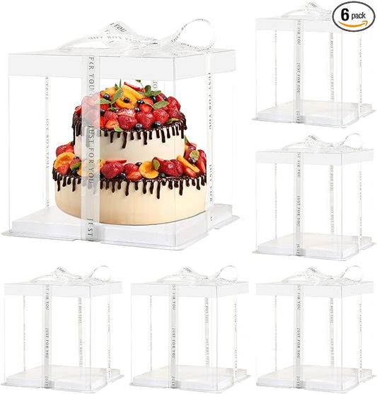 JCD 7" X 7" X 8" Ideal for 4" and 5" Inch two Layer Tiered Cakes Box,6 Pcs Transparent Cake Box with Ribbon for Pastries-Clear Boxes with Lid for Party and Display (White Lid, 7 * 7 * 8inch/6Pcs)