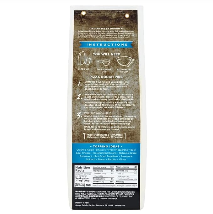DeLallo, Italian Pizza Dough Kit, Pizza Crust Mix for Garlic Knots, Calzones, and Breadsticks, 00 Superfine Flour, Includes Instant Yeast Packet, Non-GMO, 17.6 oz Bag, (10 Pack)