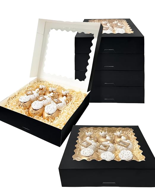 Bakepacker 20pcs Black Pie Boxes 12x12x3 inches Easy Assemble Macaroon Cookie Boxes Bakery Boxes with Window for Bakery (Auto-pop Up)