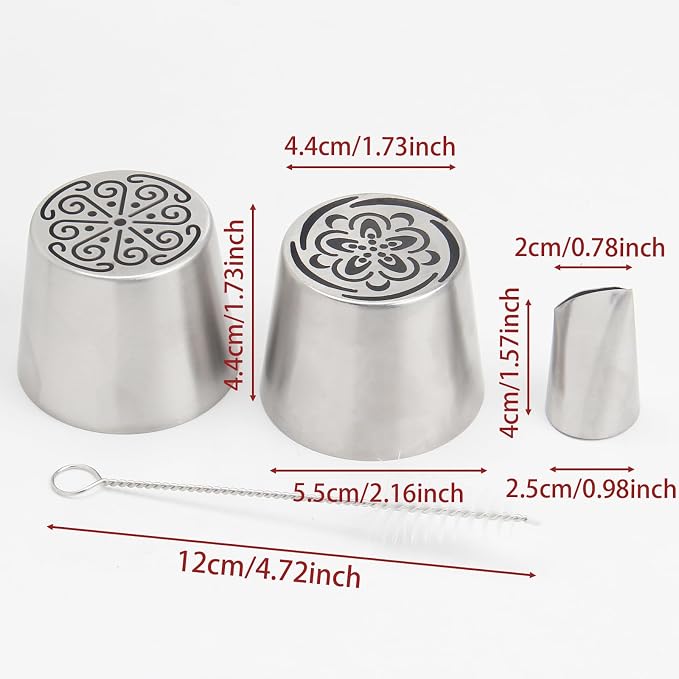 4Pcs Extra Large Russian Flower Piping Nozzles, Stainless Steel Rose Tulip Piping Tips for Cake Decorating, Includes 2 Extra Large, 1 Leaf Nozzle, and 1 Pagoda Brush, Dessert Baking Tool