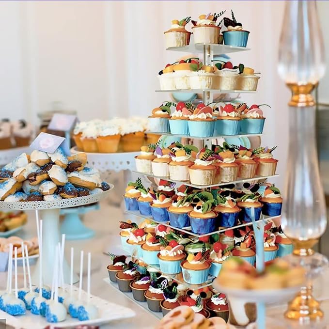 7 Tier Cupcake Stand for 100 Cupcakes, Cake and Cupcake Combo Dessert Tower Holder, Clear Acrylic Cupcake Riser, Large Pastry Cupcake Display for Birthday Wedding Party…