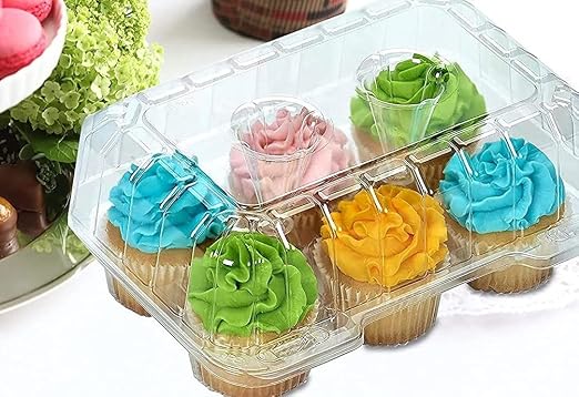 Decony Cupcake Boxes 6 Count [ MADE IN USA ]- Clear Plastic Cupcake Containers with 4" High Dome Lid- Durable Cupcake Holders- Each Cup Cake Box Holds 6 Cupcakes- 12 Pack