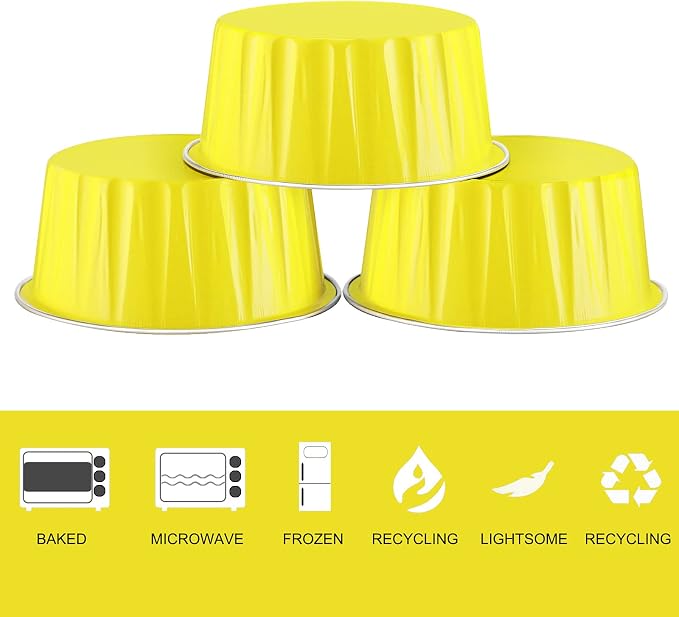 EUSOAR Disposable Ramekins with Lids, 50pcs 5oz Aluminum Foil Baking Cups Foil Creme Brulee Pans Muffin Liners, Oven Safe Dessert Containers Cupcake Holders Pans Yellow