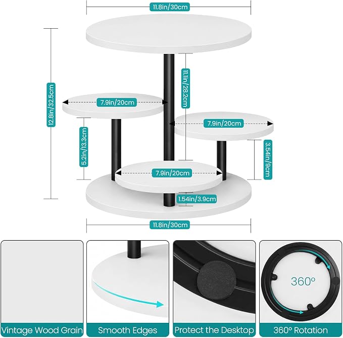 ELITEROO 4 Tiered Wooden Cupcake Stand, Round cake and cupcake stand combo with serving Tray, 360°Rotating Dessert Tower for Pie Table Display Rack for Wedding Birthday Baby Shower Tea Party, White