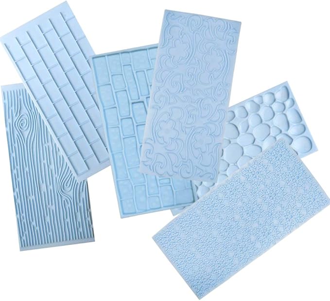 JOERSH 6 Pack Fondant Texture Mats Wood Grain Brick Castle Wall Cobblestone Texture Design Mold Fondant Molds for Clay, Chocolate, Fondant Cake Embossed Impression Sheets