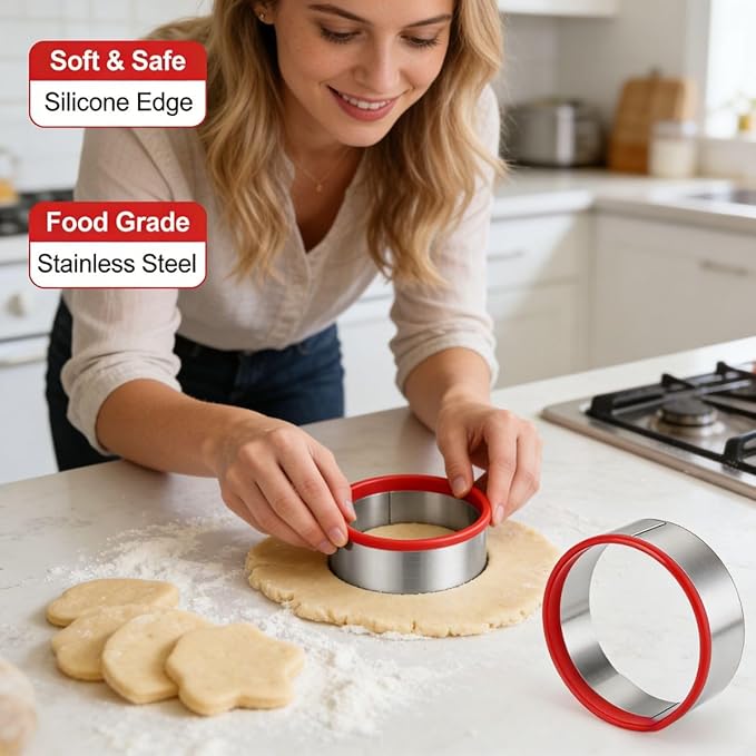 3-Piece Round Cookie Cutter Set – 3″, 4″, 5″ Stainless Steel Circle Biscuit Cutters with Red PVC Soft Edges – Durable Multi-Purpose Baking Tool