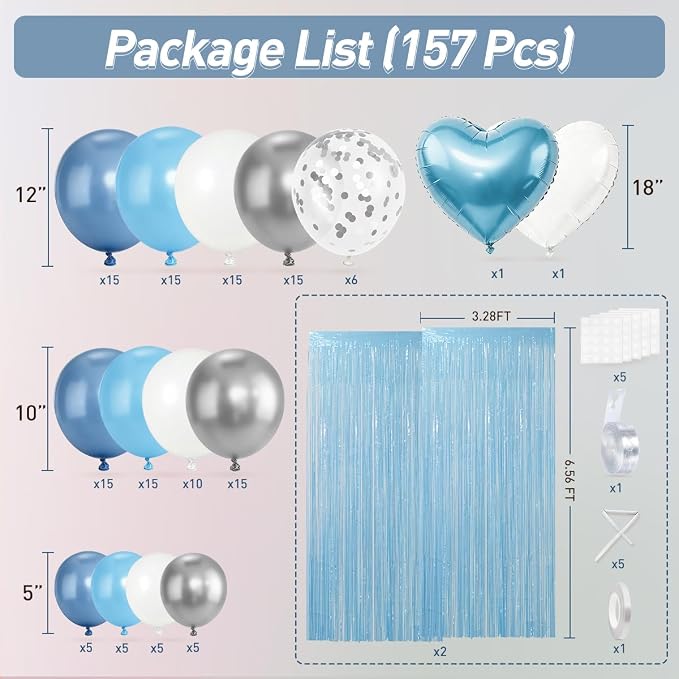 157PCS Pastel Blue Silver White Balloons Garland Arch Kit with Light Blue Fringe Curtain for Birthday Bridal Baby Shower Engagement Wedding Party Decorations