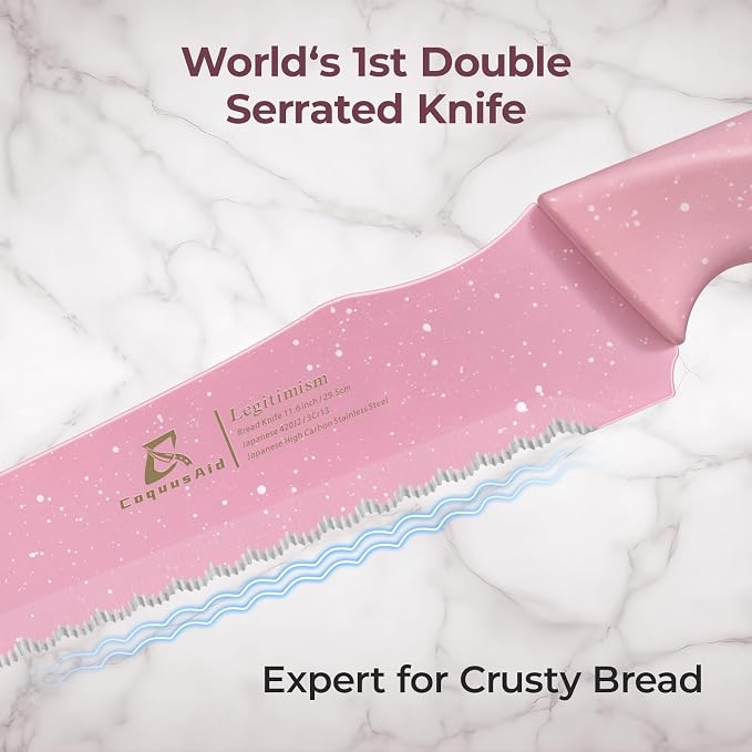 CoquusAid Upgrade Bread Knife for Homemade Bread, World‘s 1st Double Serrated Knife for Crusty Sourdough, 11.6 Inch Stainless Steel Bread Slicer, Professional Sourdough Cutter, Ideal for Gift, Pink