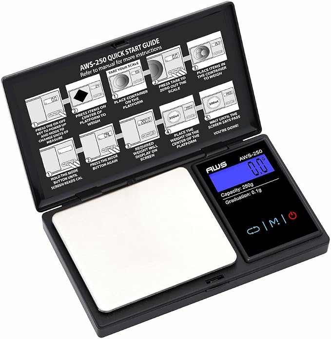 American Weigh Scales Series Digital Pocket Weight Scale Accurately Measures, Backlit LCD Display 250g x 0.1g, (Black), AWS-250-BLK