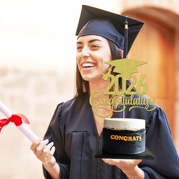 Gold Glitter 2026 Congratulations Graduation Cake Topper,Congrats Grad Cake Decor - 2026 High School/College/Senior Graduation Party Decorations Supplies (2026Congratulations gold)