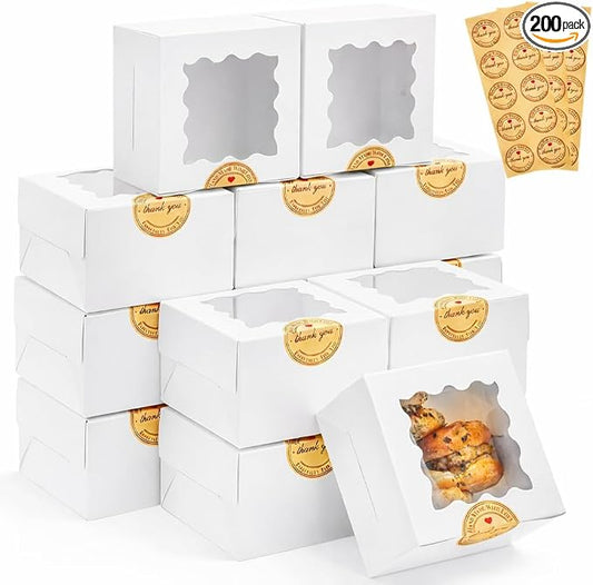 Homrelaxy 200pcs White Cookie Boxes with Window, 4x4x2.5 Inches Small Bakery Boxes with Stickers, for Mini Cake, Macaroon, Cupcakes, Treat Dessert, Candy, Donuts, Cookies, Strawberries, Chocolate