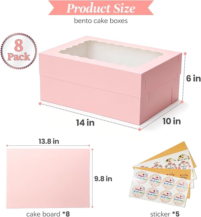 COTOPHER 14x10x6 In Sheet Cake Boxes, 16 Pcs Pink Bakery Boxes with Large Window (8 Boxes & 8 Boards), Cake Containers for Quarter Cakes, Donuts, Cupcakes, Brownie, Pastry & Pies Packaging
