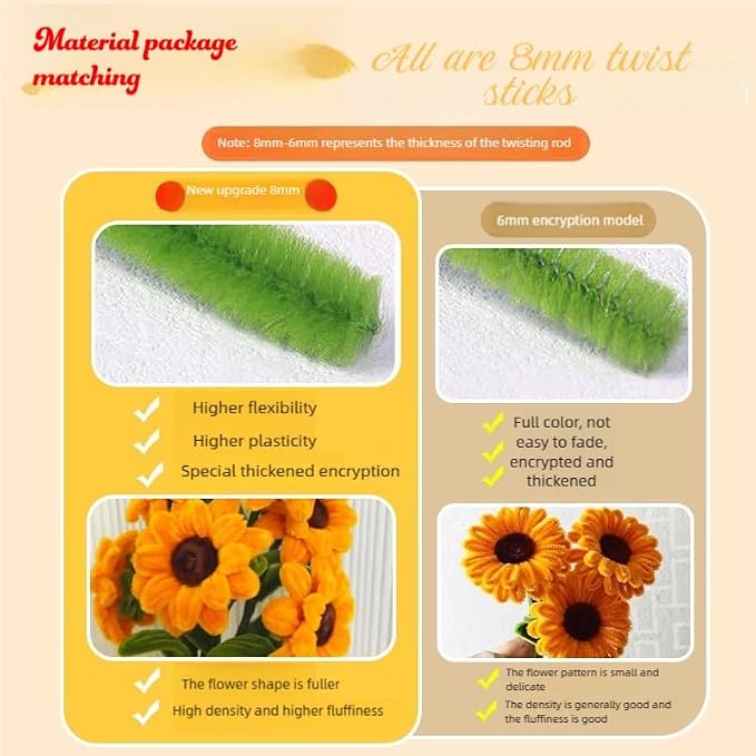 AHAMETON 620Pcs Sunflower Pipe Cleaner Flower Kit, 6 Colors Bulk Pipe Cleaners Craft Supplies with Wires, Stamens, Ribbon, Tape, Card, DIY Flower Making for Gifts Party Home Decoration, School Crafts