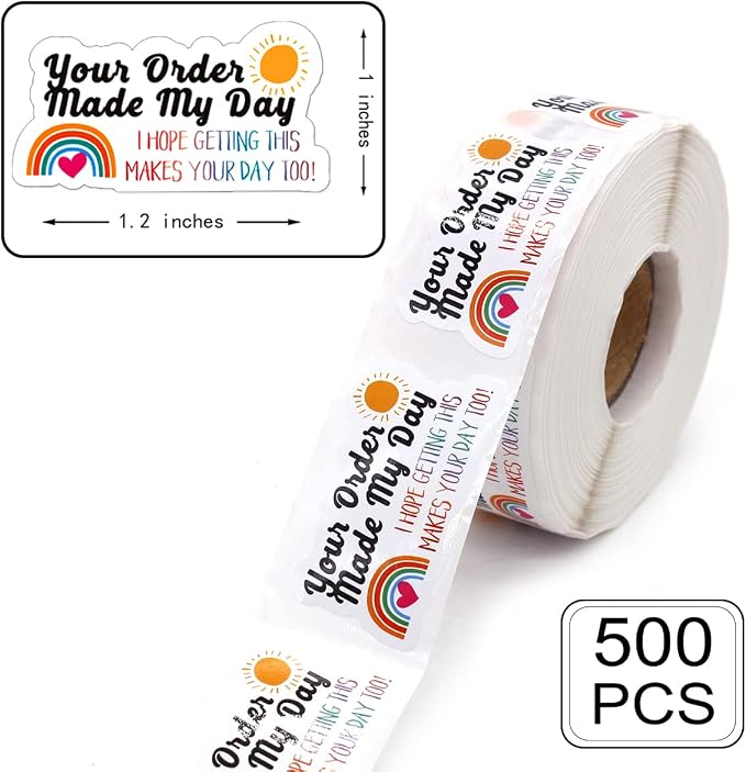 Small Business Thank You Stickers, Your Order Made My Day Online Retailers Order Paster Self-Adhesive Stickers, Cute Rainbow Paster for Packages, 500 PCS