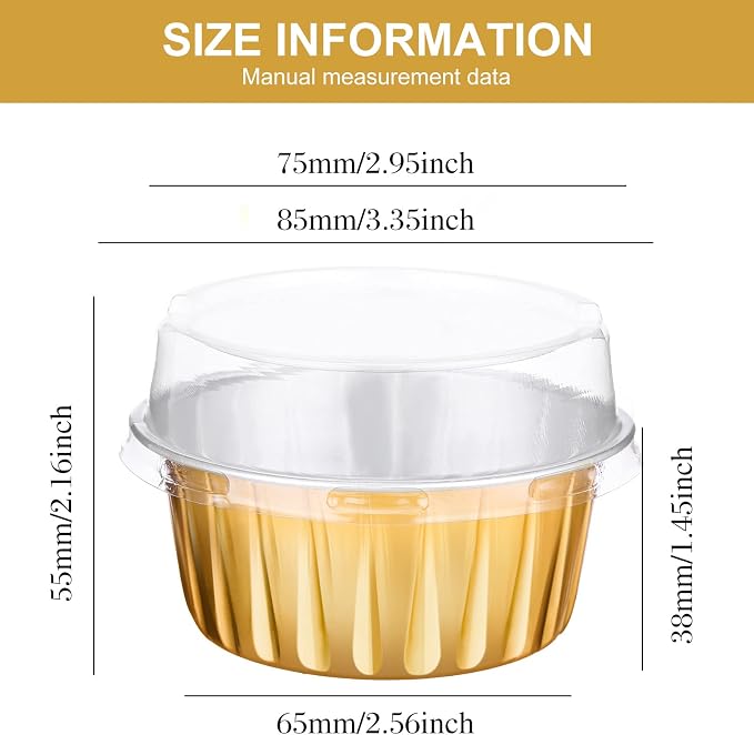 200 Pack Aluminum Foil Cupcake Liners with Lids, 5 oz Round Baking Cup, Disposable Ramekin Container for Graduation Wedding Independence Day Party(Gold,Plain)